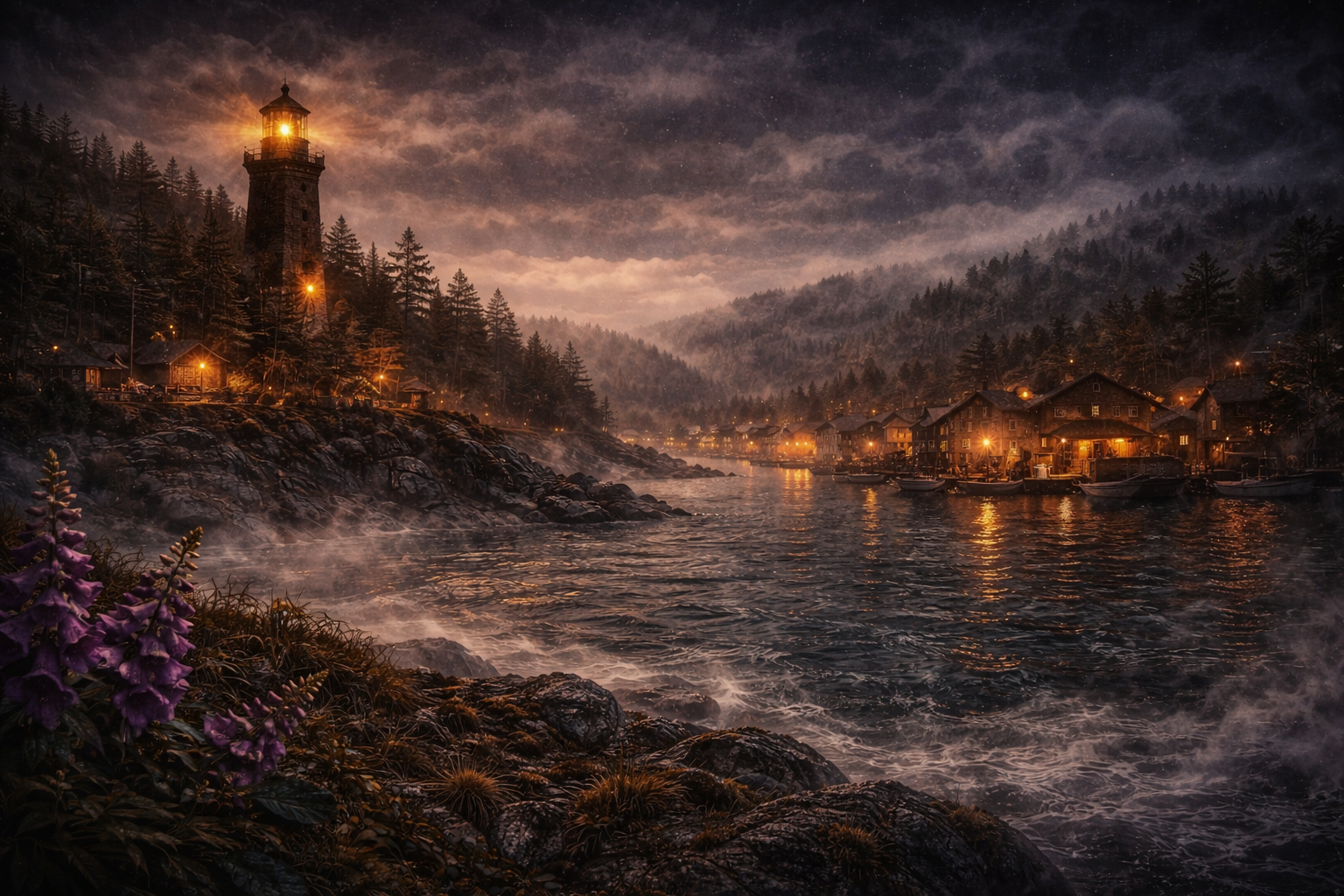 Atmospheric harbor banner for the Foxglove Harbor Witches series