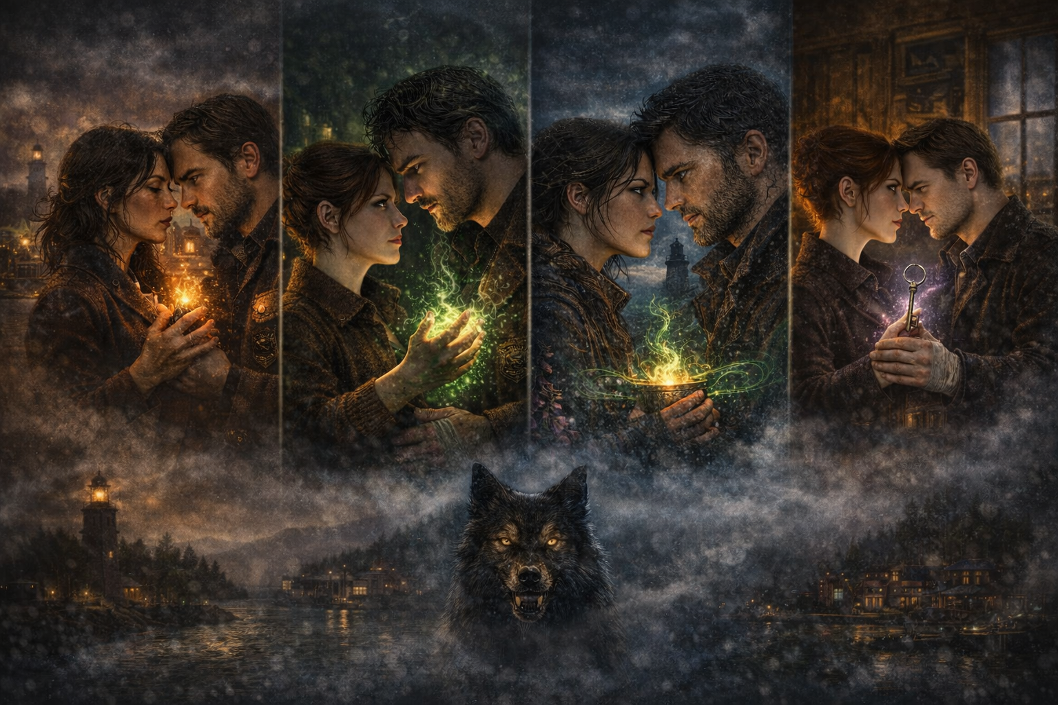 Foxglove Harbor Witches series collage featuring magical couples, harbor atmosphere, and a wolf